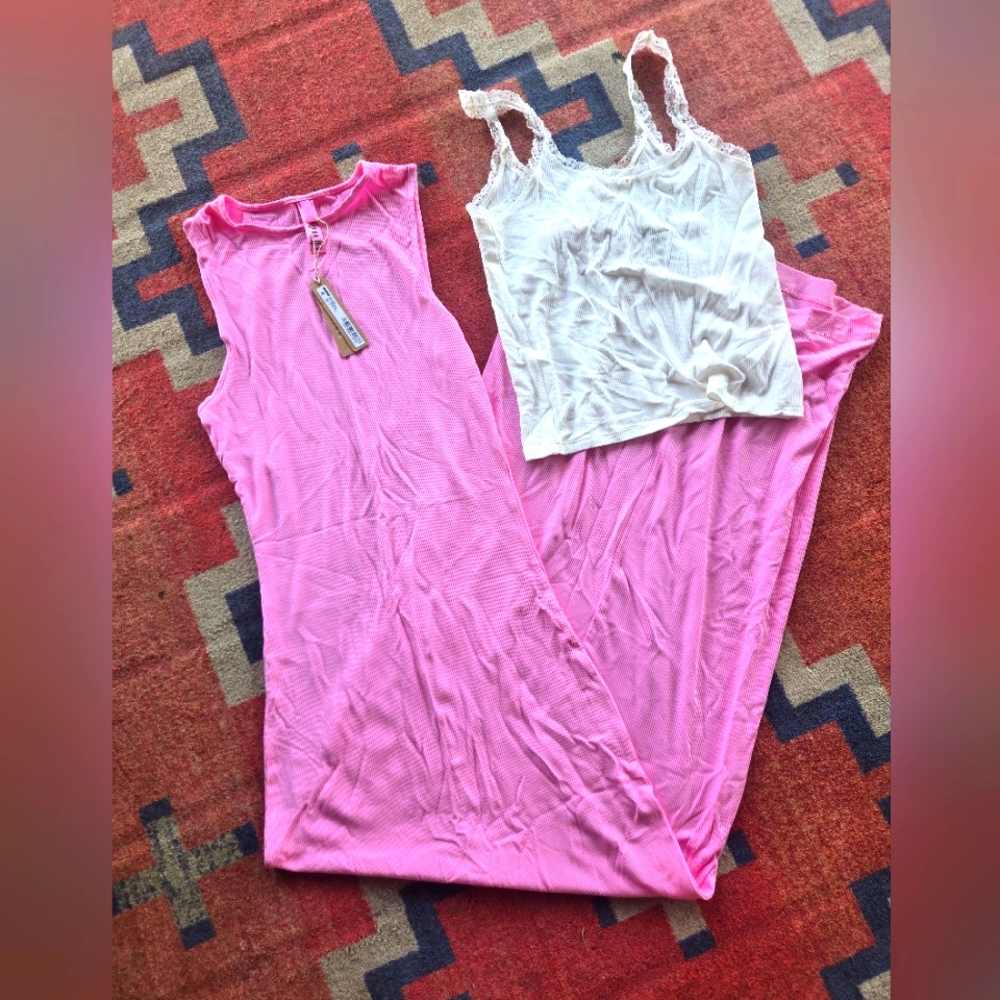 SKIMS Pink and White Sleepwear Set